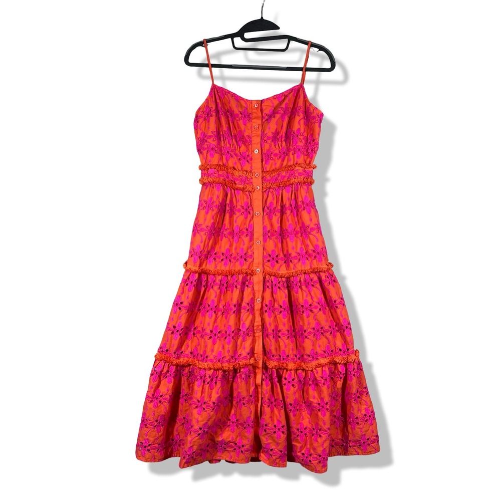 J.Crew Eyelet Midi Dress Womens 2 Orange Pink Boho Cottagecore Coastal Summer